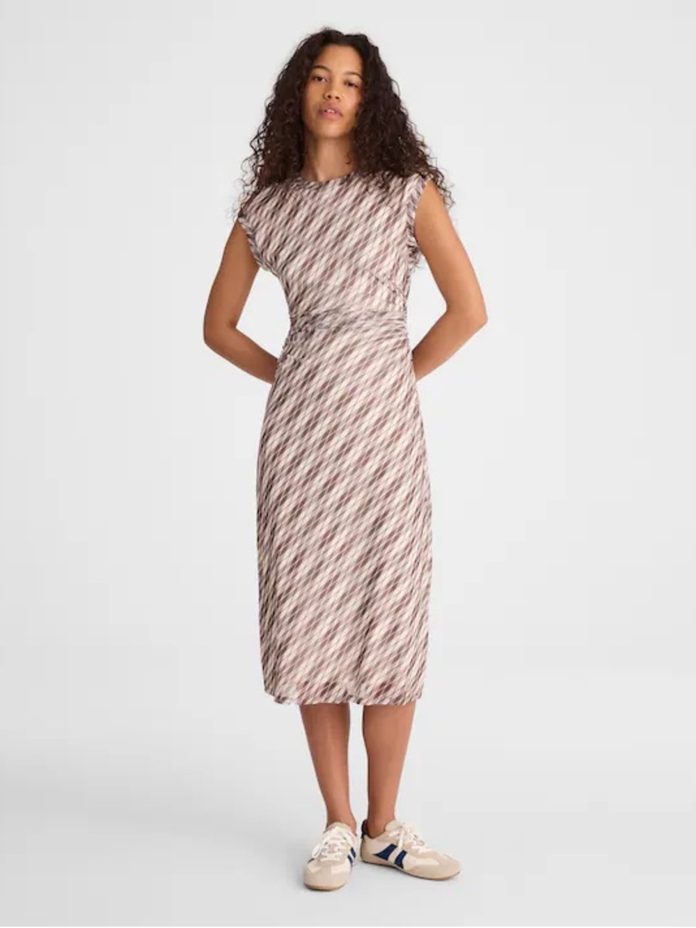 Madewell Cap-Sleeve Brown Plaid Argyle Ruched Midi Dress heritage prep sz small